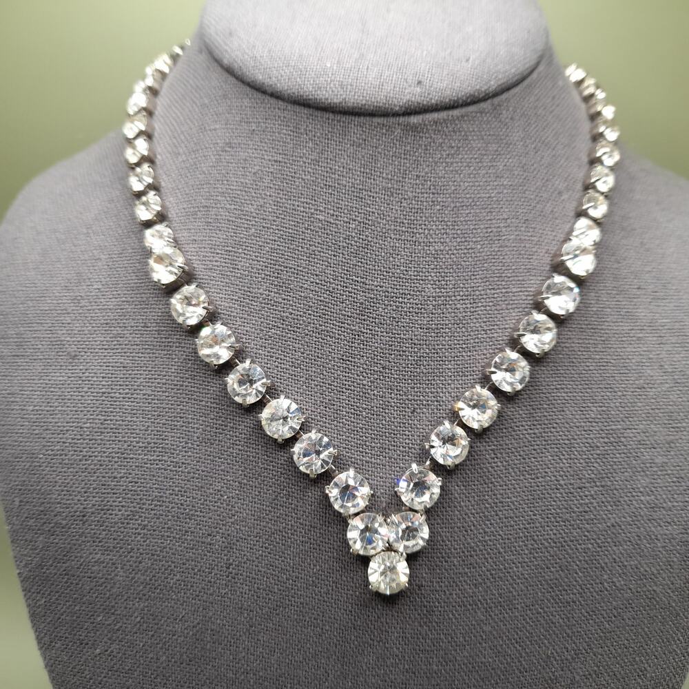 Vintage 1970s Clear Rhinestone Prong Set Wedding Formal Necklace, 15 1/2 In
